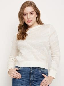 MADAME Solid Round Neck Casual Women White Sweater - Buy MADAME Solid ...