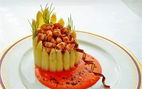 Asparagus bavarois ,grey shrimp , smoked red bell pepper coulis , sumak ...