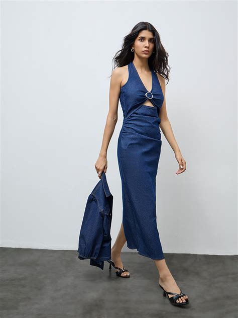Buy LOV Blue Ruched Detailed Denim Straight Dress from Westside