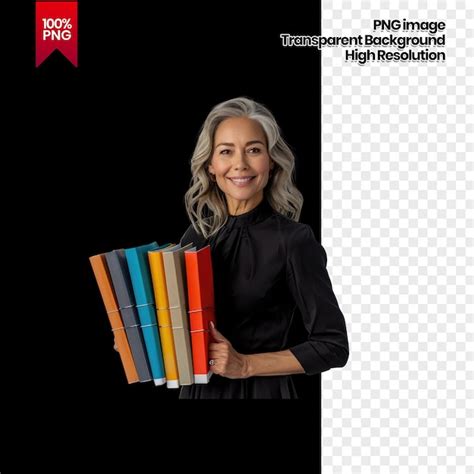 Mature woman in black dress holds colorful files background removed ...