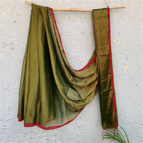 NAKSHATRA - Soft Mul Tissue Olive Saree – Sanskruti