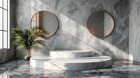 Modern minimalist interior with marble podium and circular mirrors ...