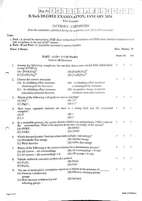 CHEM UNIV QP JAN 24 - Questions papers - Reg. No RA231003080052 B ...