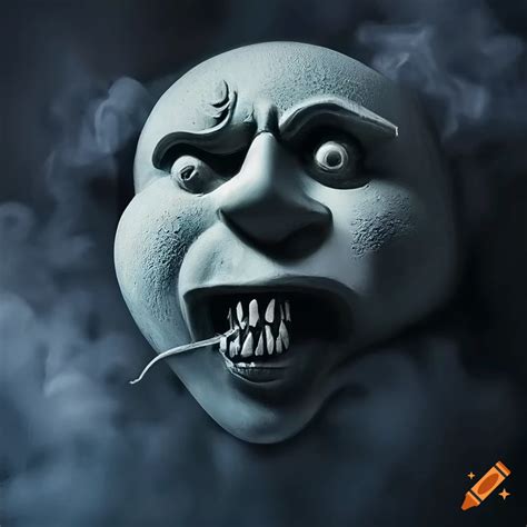 Surreal and meticulously carved scary but funny face in front of a ...