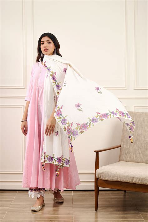 Gul Pink Cotton Kalidar Gota Kurta with Off White Hand Block Printed P ...