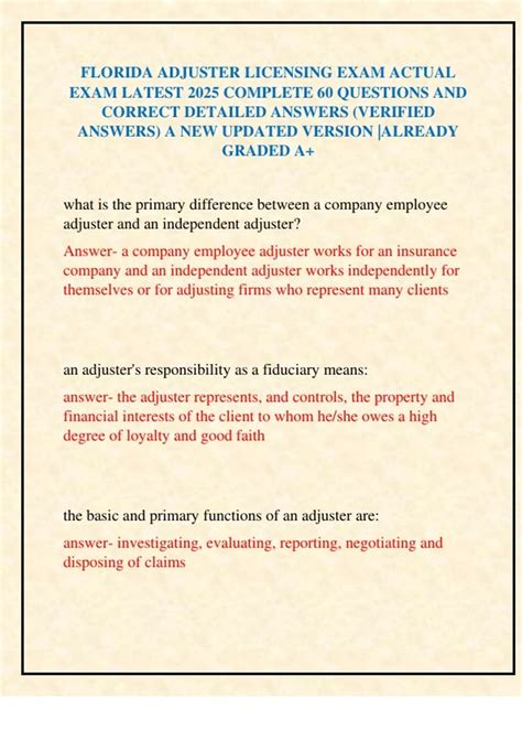 FLORIDA ADJUSTER LICENSING EXAM ACTUAL EXAM LATEST 2025 COMPLETE 60 ...