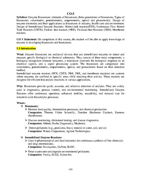 Enzyme Biosensors and Reactors: BBT 403 Updated CO 5 Notes 2024-25 ...