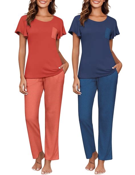 Ekouaer 2 Pack Womens Pajama Sets Short Sleeve with Long Pajama Pant ...