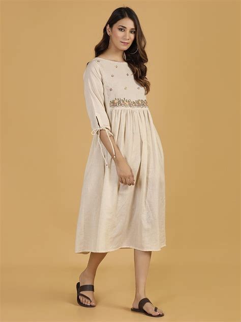 Buy Off White Embroidered Linen Gathered Dress | HOG539/HOG6 | The loom