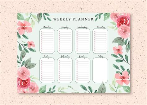 Wöchentliche Planer-Schablone mit Blumenaquarell-Rosen | Premium Vektor