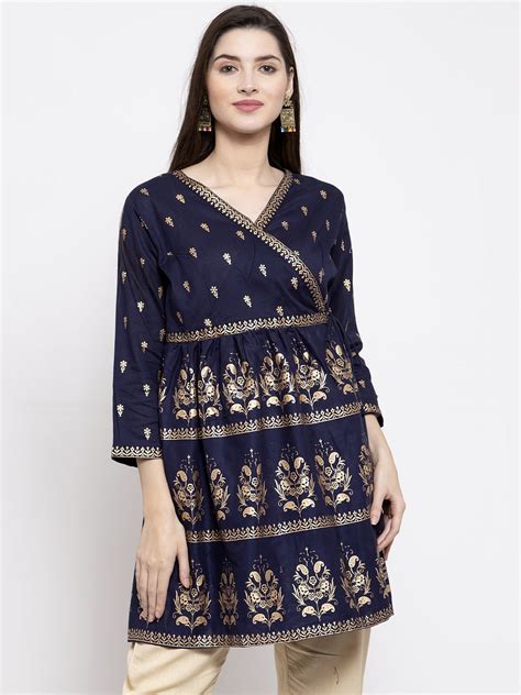 Shop Bhama Cuture Navy Blue & Golden Foil Printed Tunic Online