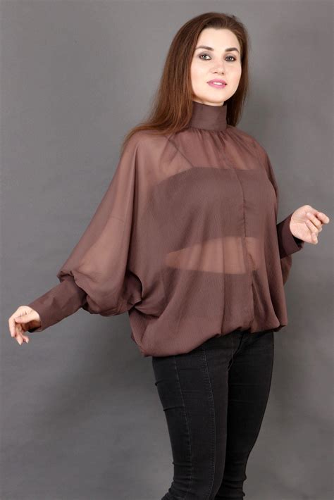 Stylish Sheer Top with Balloon Sleeves & Turtle Neck for Party - Loose ...