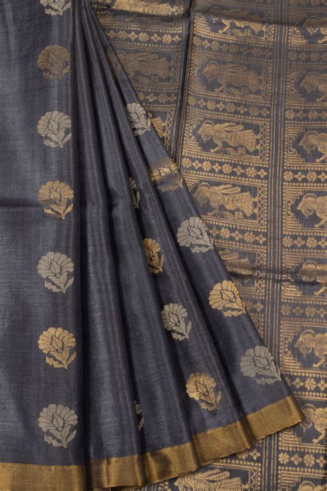 Mettalic Grey Handloom Kosa silk saree | Avishya.com