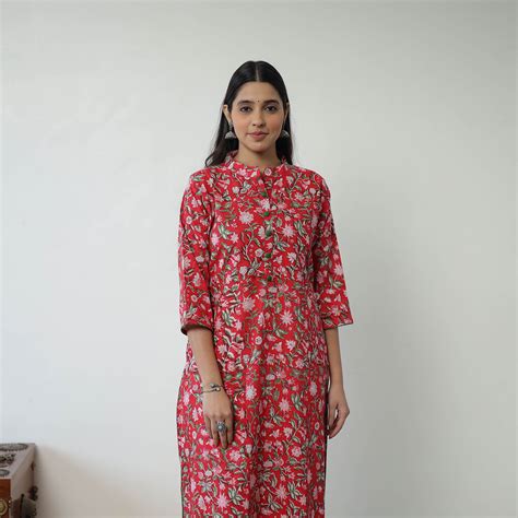 Red Sanganeri Block Printed Cotton Long Straight Kurta for Women