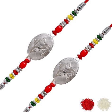 Ganesha Design German Silver Rakhi for Brother with Roli Chawal and ...
