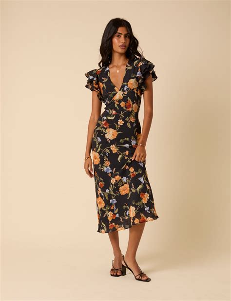 Black Floral Frill Sleeve Layla Midi Dress