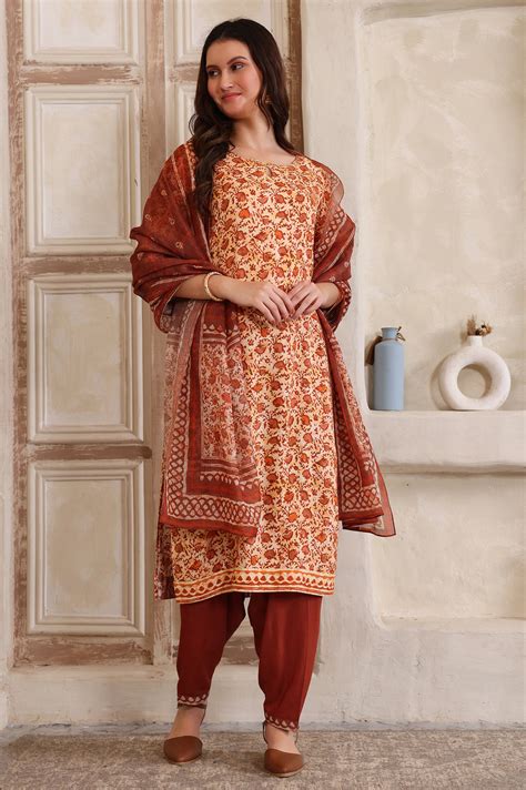 Buy Brown Floral Printed Sequinned Straight Kurta, Salwar and Dupatta ...