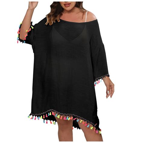 Luxalzxs Plus Size Swimsuit Coverups for Women 3/4 Sleeve Fringe Trim ...