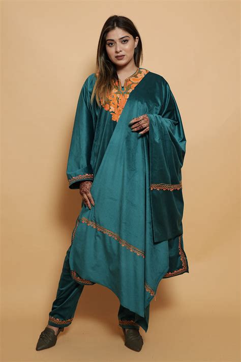 Blue color kashmiri pheran set with kashida aari work