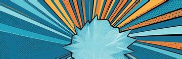 Blue background with a comic sunburst in the style of flattened ...