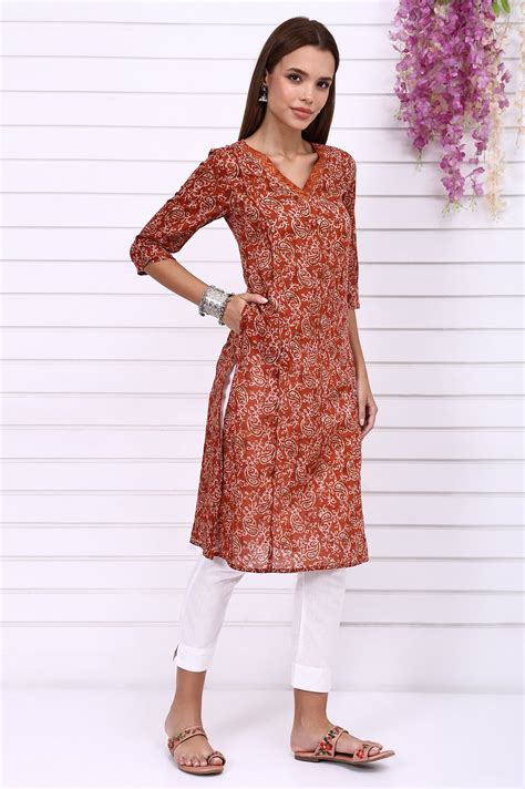 Buy Orange Batik Printed Pure Cotton Straight Casual Kurta Online for ...