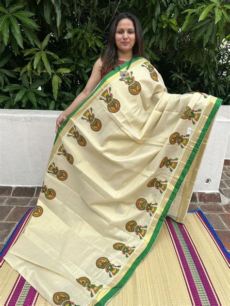 Kerala Tissue Saree with Kathakali Motif and Green Piping in Borders ...