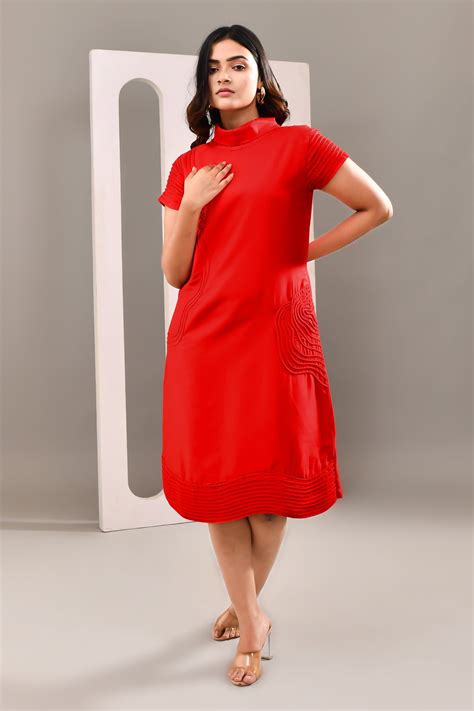 Cherry Red Blended Cotton Self Textured Dress – Golden Muslin