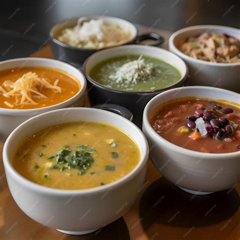Free Photo | Variety of soups in bowls on wooden table closeup