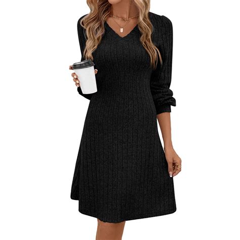 SOMER Women Dresses Plain Casual Long Sleeve Dress V Neck A-Line ...