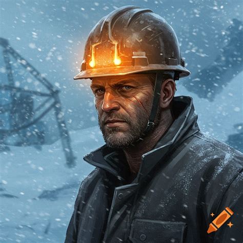 Man with glowing hard hat in cold weather on Craiyon