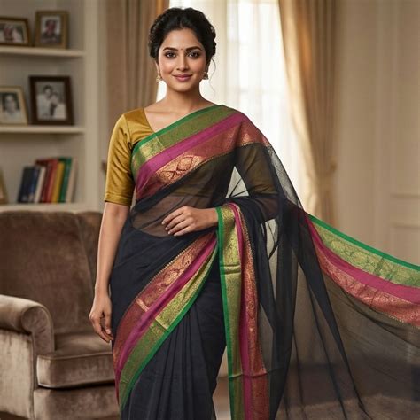 Black With Magenta & green Border Mul Mul Cotton Saree – Thenianantham