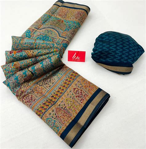 Dirty Blue With Rama Border Ajrakh Kalamkari Pure Maslin Silk Saree ...