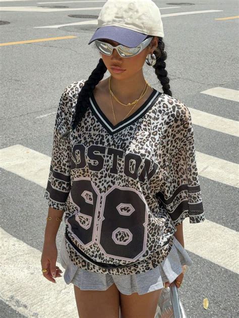SHEIN Teen Girls New V-Neck Leopard Print & Letter Oversized Casual T ...