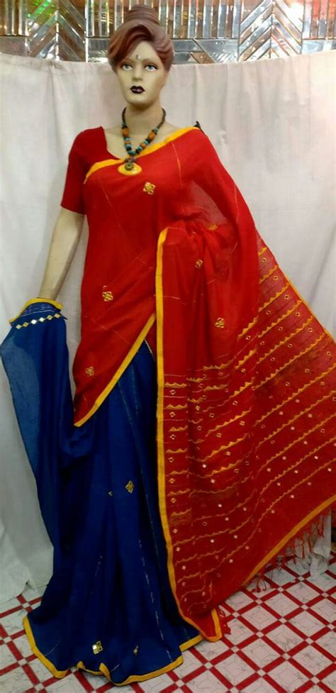 Orange Blue Mirror Work Khesh Sarees – Dailybuyys