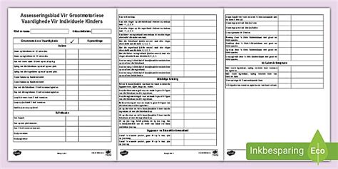 Assesseringsblad Vir Grootmotoriese Vaardighede Vir Individuele Kinders