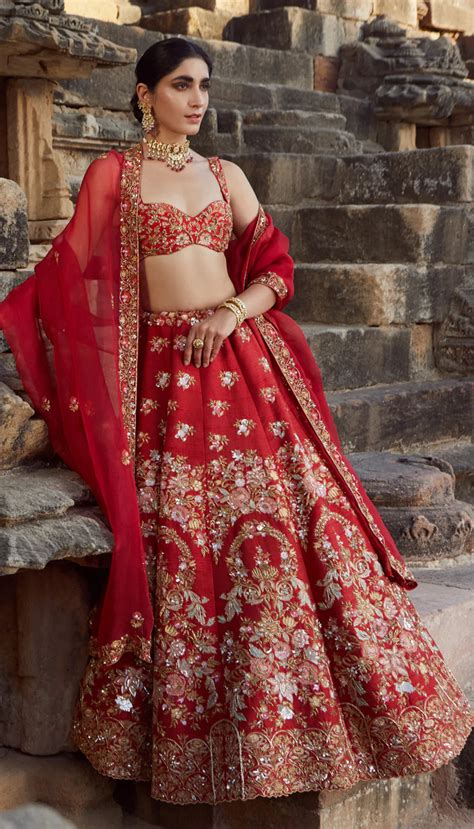The Ruby Red Bouquet Embroidered Lehenga - Shyamal & Bhumika