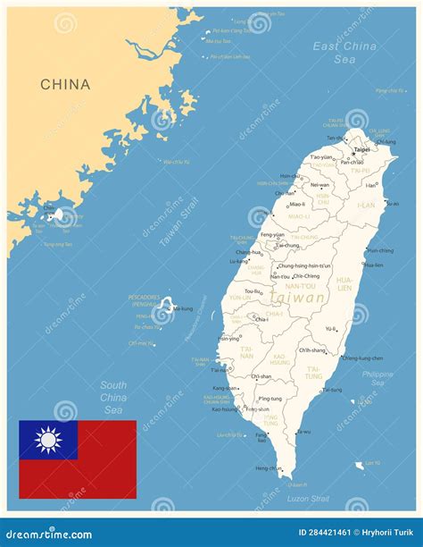 Taiwan - Detailed Map with Administrative Divisions and Country Flag. Stock Illustration ...