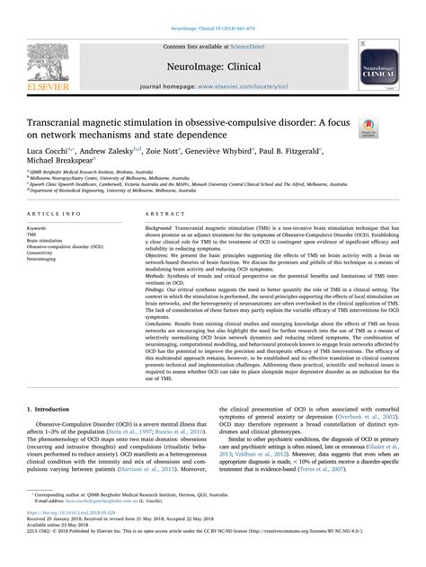 Efficacy and Safety of Deep Transcranial Magnetic Stimulation for Obsessive-Compulsive Disorder: A Prospective Multicenter Randomized Double-Blind Placebo-Controlled Trial.
