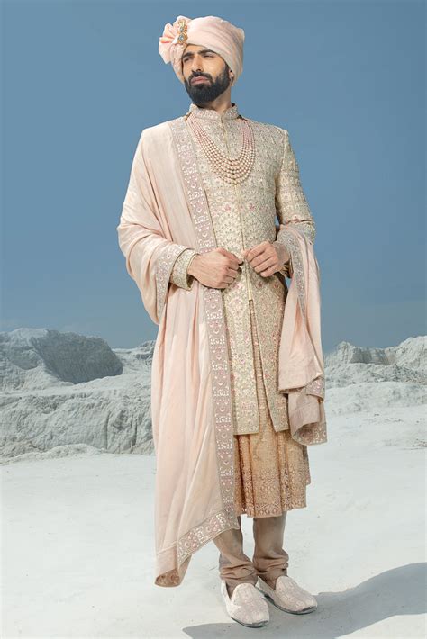Golden Peach Attractive Groom Embroidered Sherwani For Men ...
