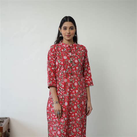 Red Sanganeri Block Printed Cotton Long Straight Kurta for Women