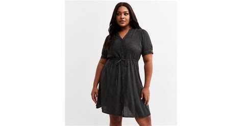 Curves Black Denim V Neck Short Sleeve Front Tie Mini Dress | New Look