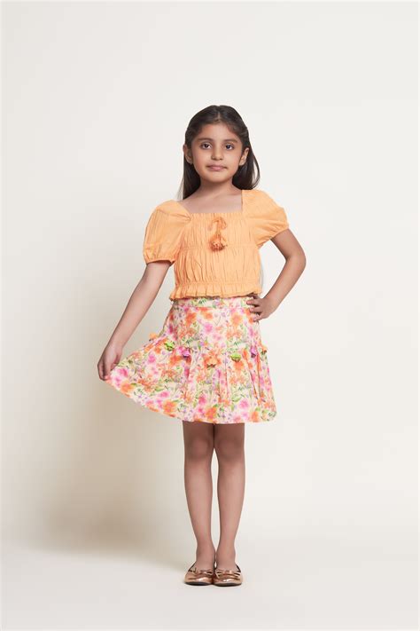 Buy Kiara Puff Sleeves Cotton Girls Crop Top- Peach Online - The Tribe Kids