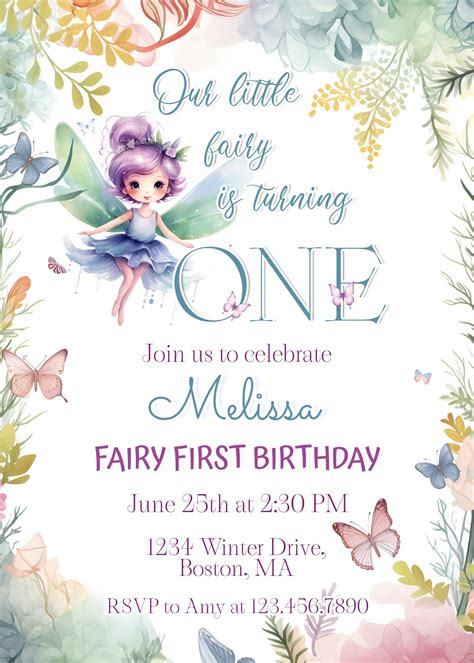 Fairy First Birthday Invitation Template, Baby 1st Party Digital Invite ...