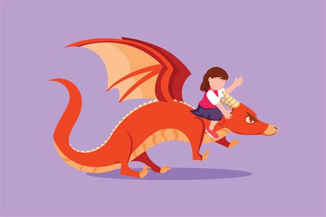 Graphic flat design drawing pretty little girl flying with fantasy dragon. Bravery child fly and ...
