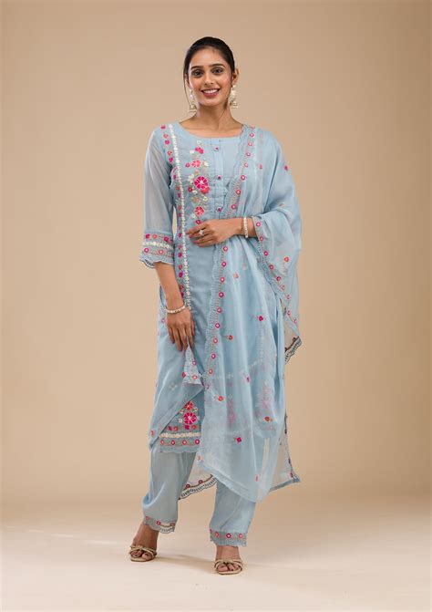 Buy Sky Blue Threadwork Chiffon Readymade Salwar Suit - Koskii