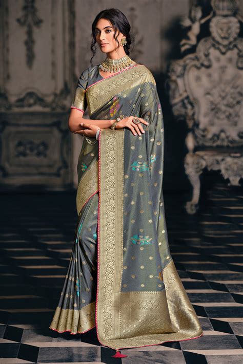 Buy Flint Grey Zari Woven Banarasi Saree Online - MySilkLove