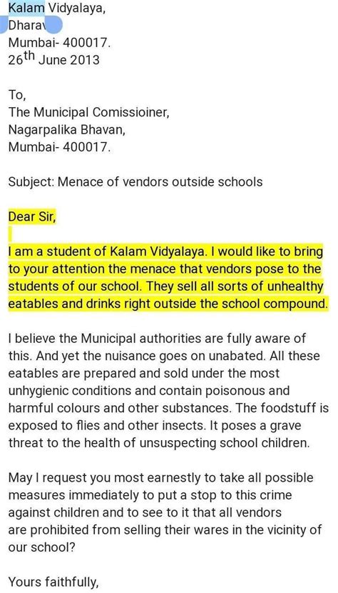 Write an email to the Municipal commissioner complaining about the ...
