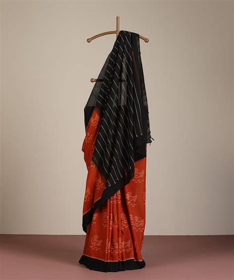 Teracotta Handloom Cotton Ikat Saree With Hans Motif – WeaverStory