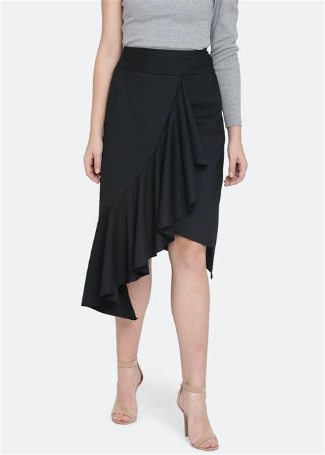 Get Ruffle Detail Solid Black Asymmetrical Skirt at ₹ 1245 | LBB Shop