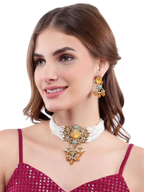 Buy Gold-Plated Yellow Kundan Choker Set – Auraa Trends